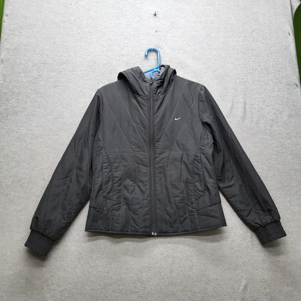 VINTAGE Nike Women Jacket L Gray Windbreaker Swoosh Reversible Track Ripstop Y2K